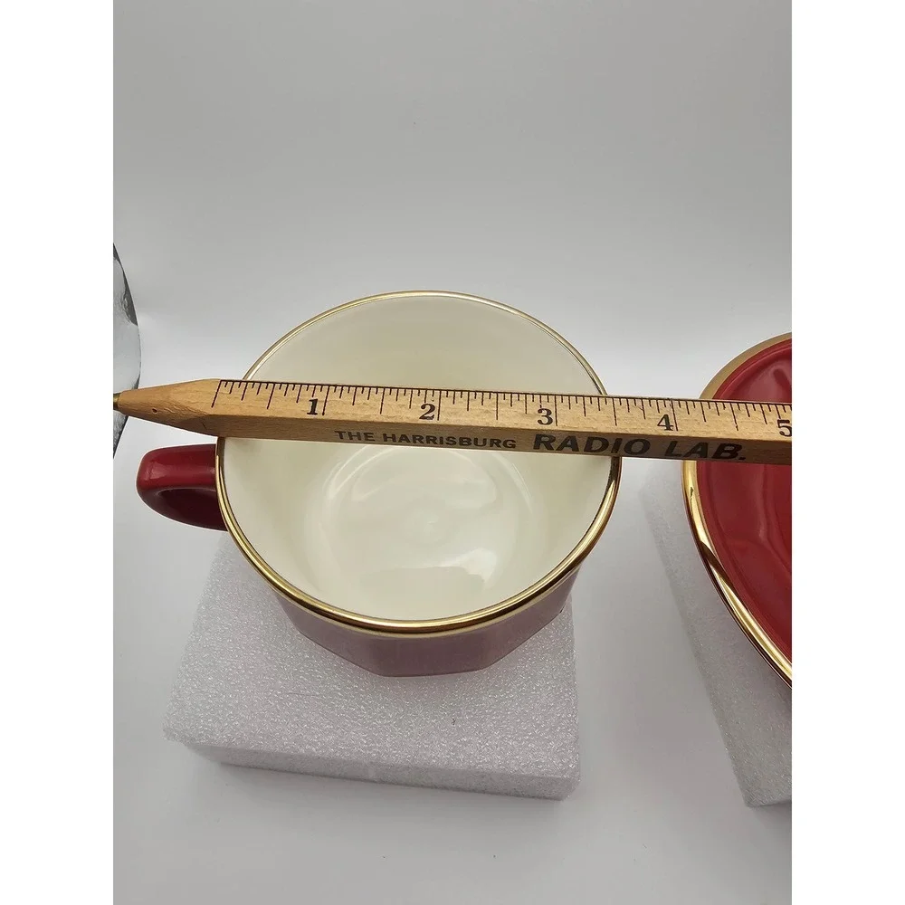 Apilco France Red Porcelain Tea Cup and Saucer Set Gold Gilt Trim Bistro Ware